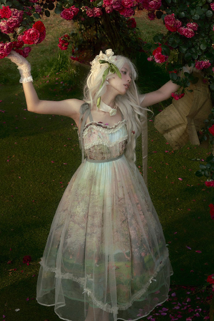 Lolita JSK Dress - Oil Painting – Spring, Green, Printed, Sweet Style, Bow Detail - additional product view 3