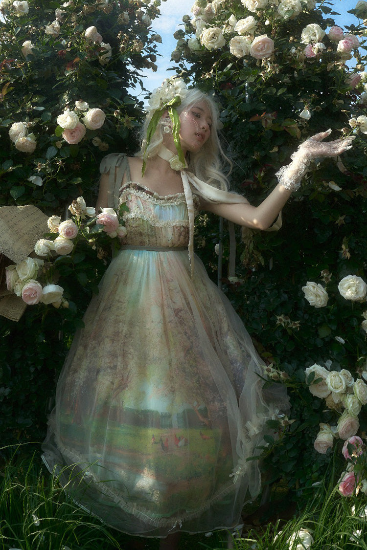 Lolita JSK Dress - Oil Painting – Spring, Green, Printed, Sweet Style, Bow Detail - additional product view 4