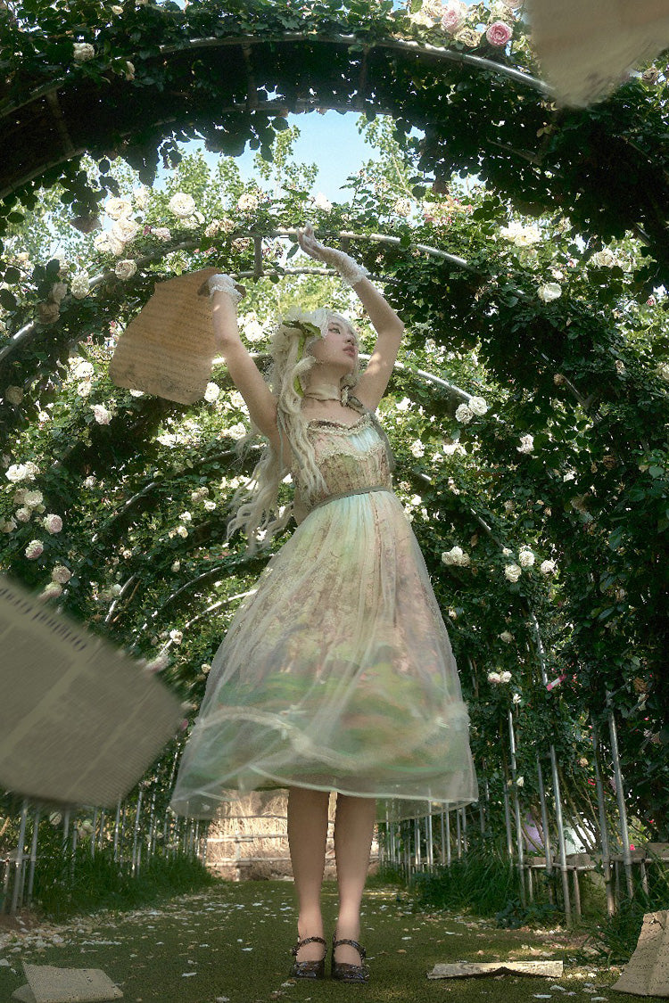 Lolita JSK Dress - Oil Painting – Spring, Green, Printed, Sweet Style, Bow Detail - additional product view 5