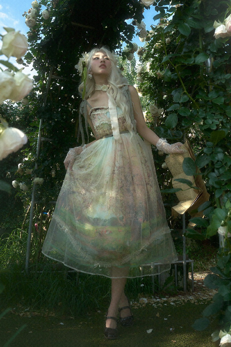 Lolita JSK Dress - Oil Painting – Spring, Green, Printed, Sweet Style, Bow Detail - additional product view 6