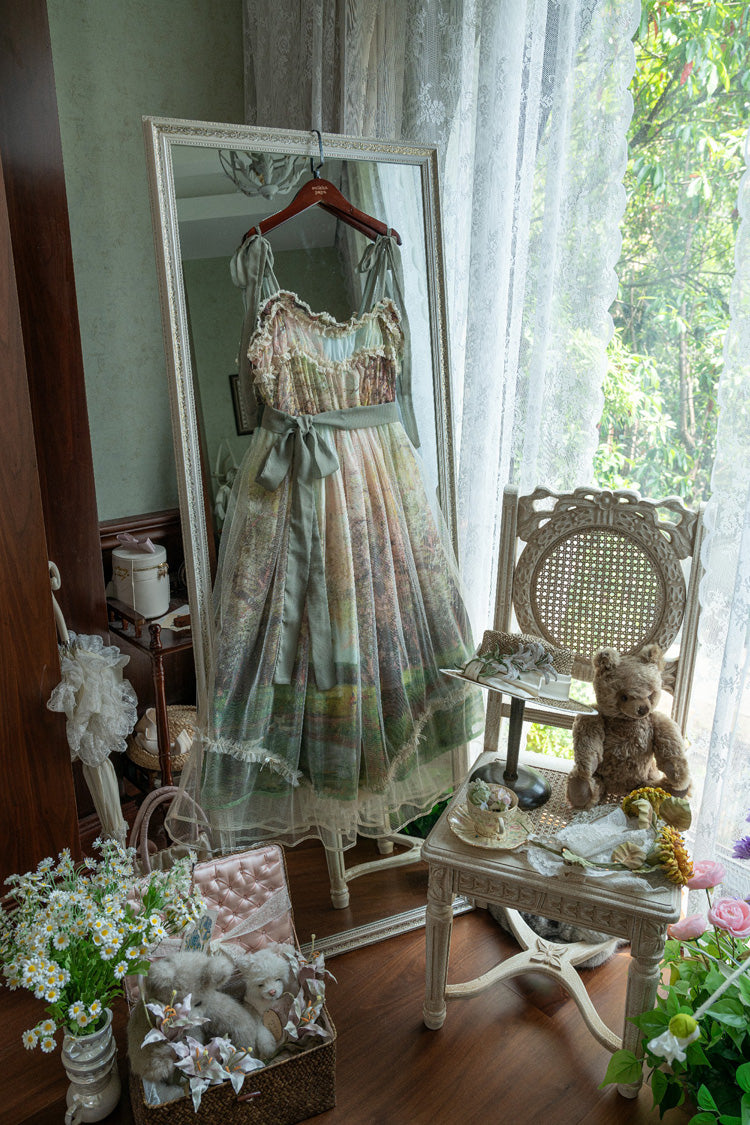 Lolita JSK Dress - Oil Painting – Spring, Green, Printed, Sweet Style, Bow Detail - additional product view 7