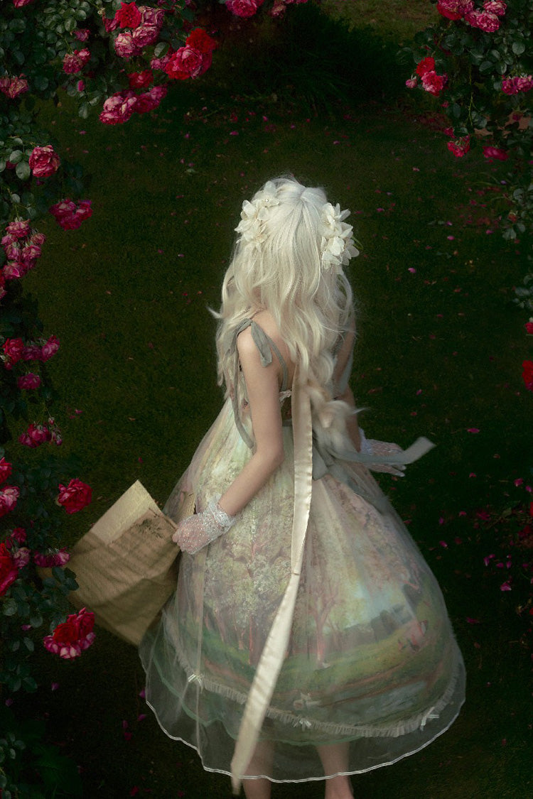 Lolita JSK Dress - Oil Painting – Spring, Green, Printed, Sweet Style, Bow Detail - additional product view 9