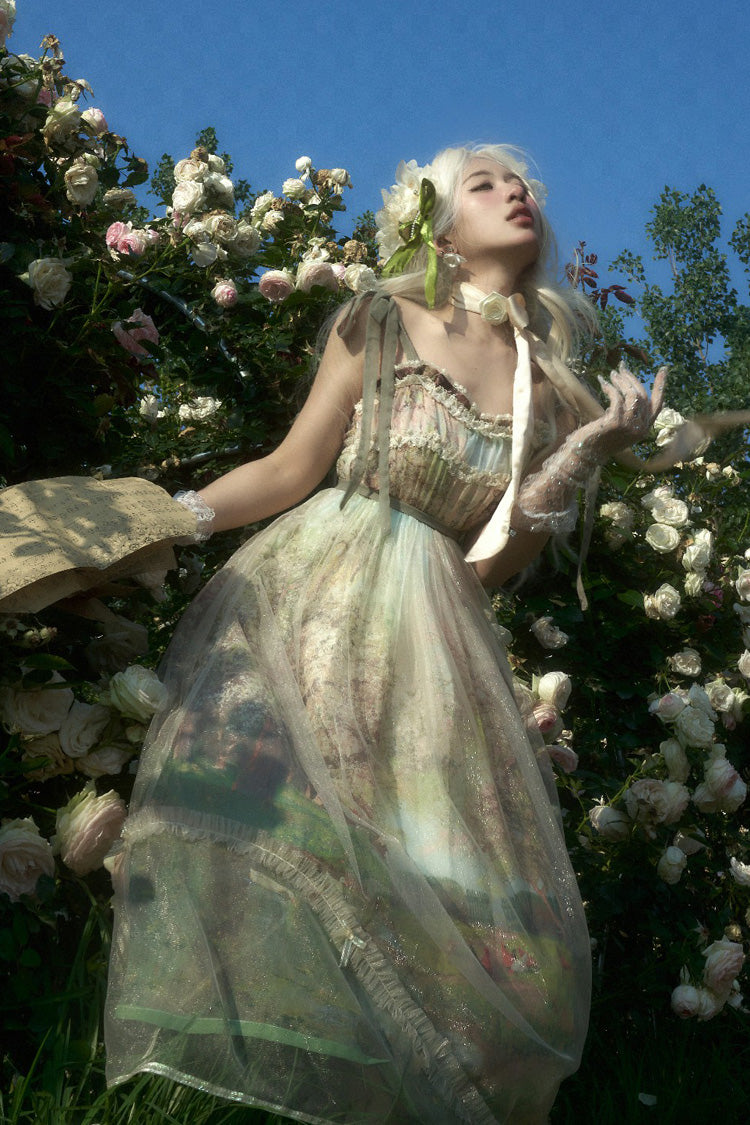 Lolita JSK Dress - Oil Painting – Spring, Green, Printed, Sweet Style, Bow Detail - additional product view 12