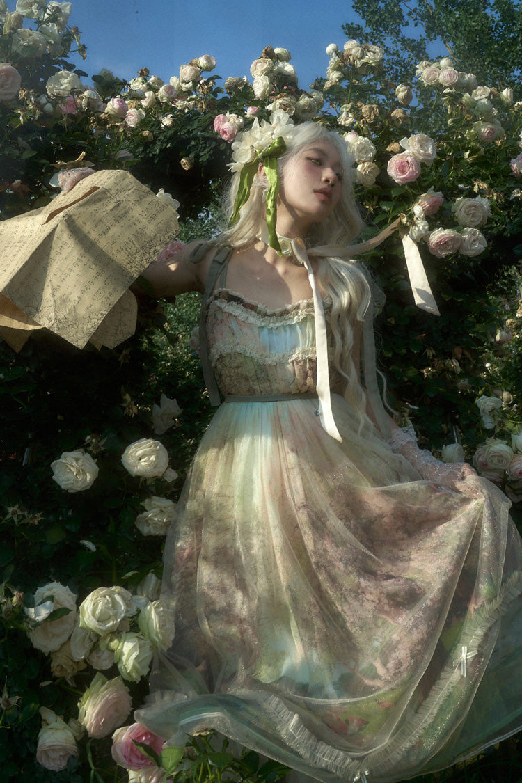 Lolita JSK Dress - Oil Painting – Spring, Green, Printed, Sweet Style, Bow Detail - additional product view 13