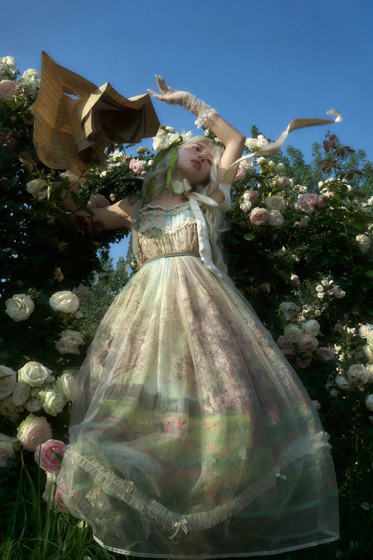 Lolita JSK Dress - Oil Painting – Spring, Green, Printed, Sweet Style, Bow Detail - additional product view 14