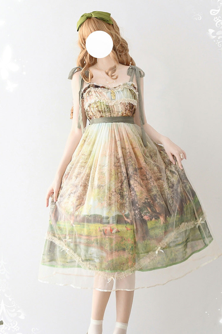 Lolita JSK Dress - Oil Painting – Spring, Green, Printed, Sweet Style, Bow Detail - main product image