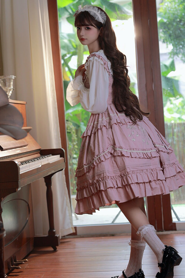 Lolita JSK Dress - Pastoral Style Double-layered, Pink, Sweet Style, Ruffled, Embroidered - additional product view 3