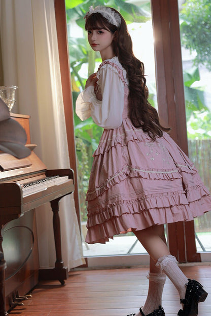 Lolita JSK Dress - Pastoral Style Double-layered, Pink, Sweet Style, Ruffled, Embroidered - additional product view 3