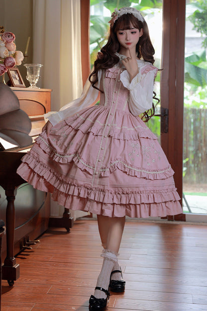 Lolita JSK Dress - Pastoral Style Double-layered, Pink, Sweet Style, Ruffled, Embroidered - additional product view 4