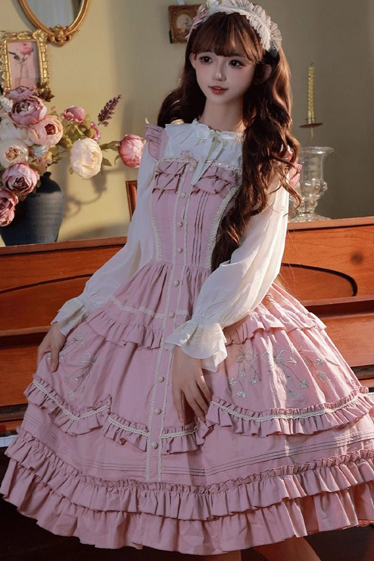 Lolita JSK Dress - Pastoral Style Double-layered, Pink, Sweet Style, Ruffled, Embroidered - additional product view 5
