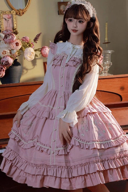 Lolita JSK Dress - Pastoral Style Double-layered, Pink, Sweet Style, Ruffled, Embroidered - additional product view 5