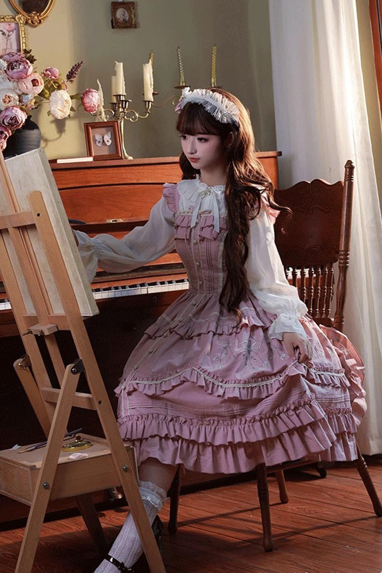 Lolita JSK Dress - Pastoral Style Double-layered, Pink, Sweet Style, Ruffled, Embroidered - additional product view 6