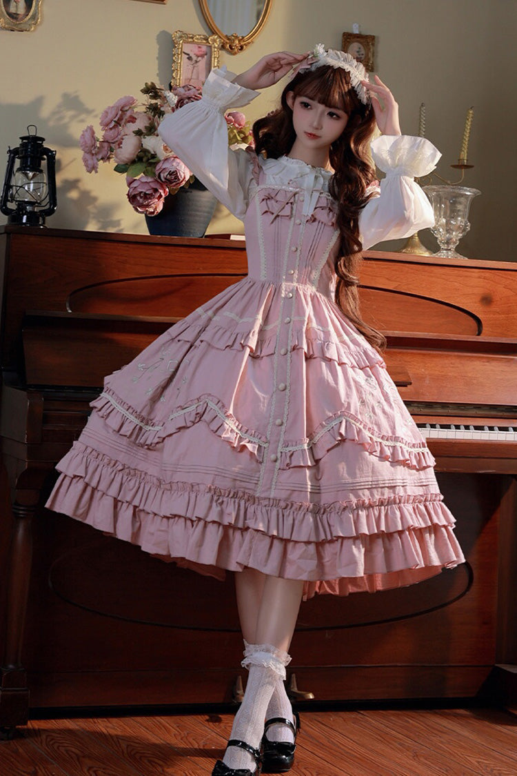Lolita JSK Dress - Pastoral Style Double-layered, Pink, Sweet Style, Ruffled, Embroidered - main product image