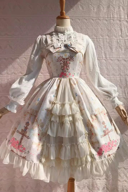 Lolita JSK Dress - Peacock, 4 Colors, Printed, Cross Detail, Sweet Style - XS Off-White / S Off-White / M Off-White option