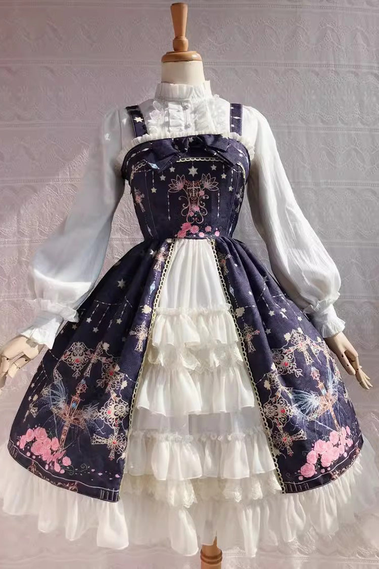 Lolita JSK Dress - Peacock, 4 Colors, Printed, Cross Detail, Sweet Style - XS Purple / S Purple / M Purple option