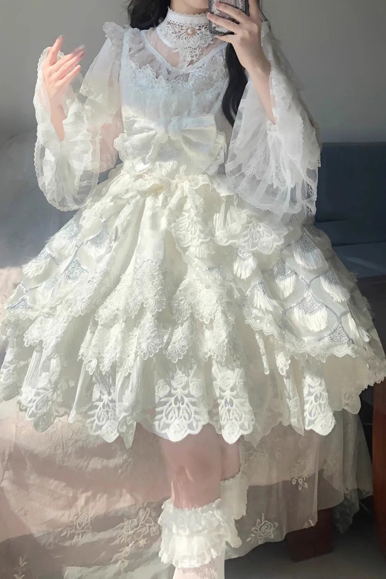 Lolita JSK Dress - Peacock Feather, White, Lace Trim, Ruffled, Layered - additional product view 2