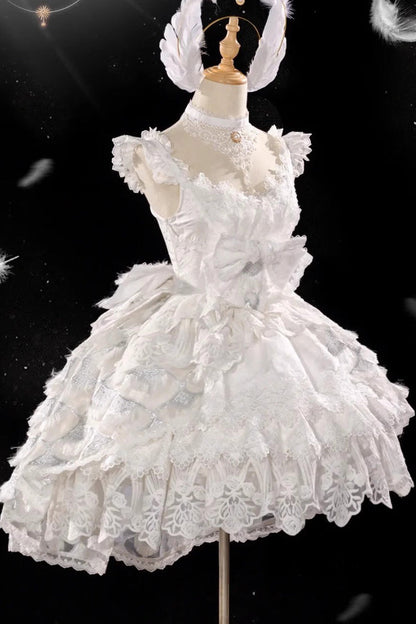 Lolita JSK Dress - Peacock Feather, White, Lace Trim, Ruffled, Layered - additional product view 4