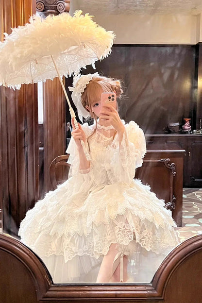 Lolita JSK Dress - Peacock Feather, White, Lace Trim, Ruffled, Layered - additional product view 5