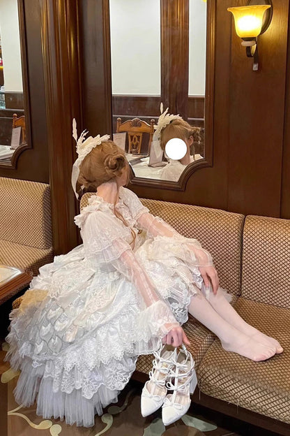 Lolita JSK Dress - Peacock Feather, White, Lace Trim, Ruffled, Layered - additional product view 6
