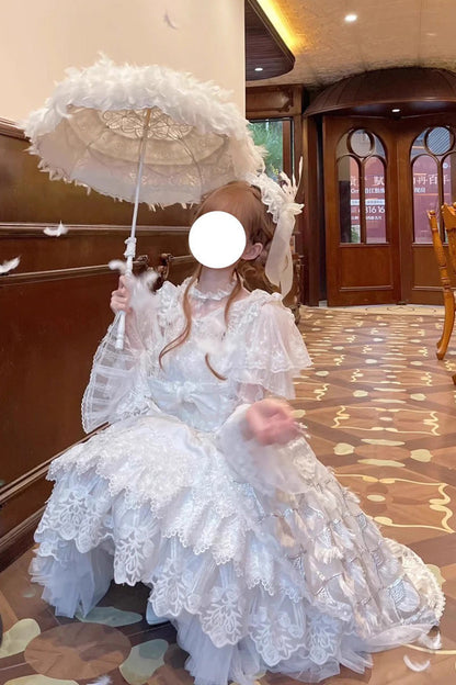 Lolita JSK Dress - Peacock Feather, White, Lace Trim, Ruffled, Layered - additional product view 8