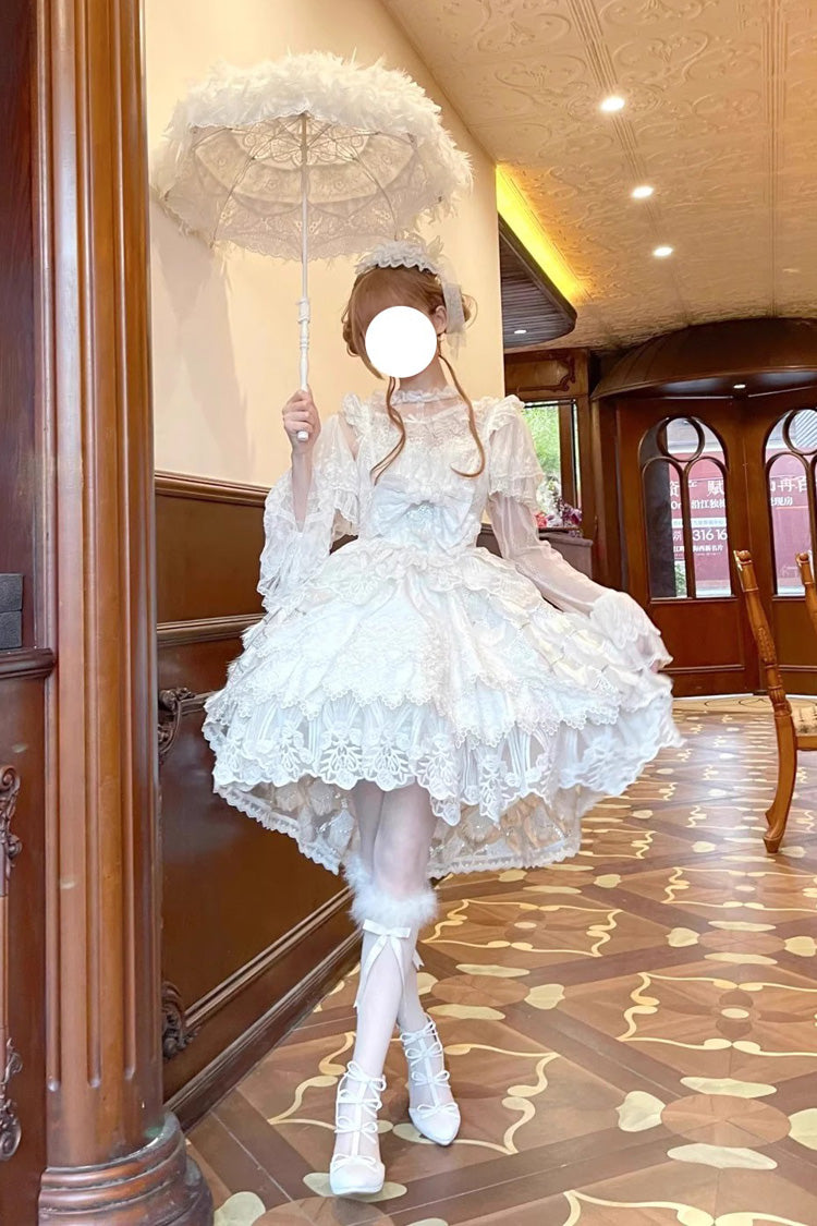 Lolita JSK Dress - Peacock Feather, White, Lace Trim, Ruffled, Layered - additional product view 9
