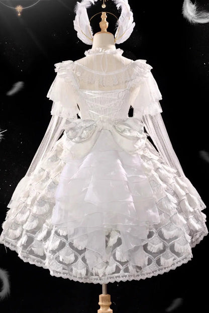 Lolita JSK Dress - Peacock Feather, White, Lace Trim, Ruffled, Layered - additional product view 11