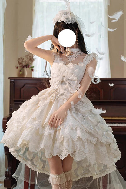 Lolita JSK Dress - Peacock Feather, White, Lace Trim, Ruffled, Layered - main product image