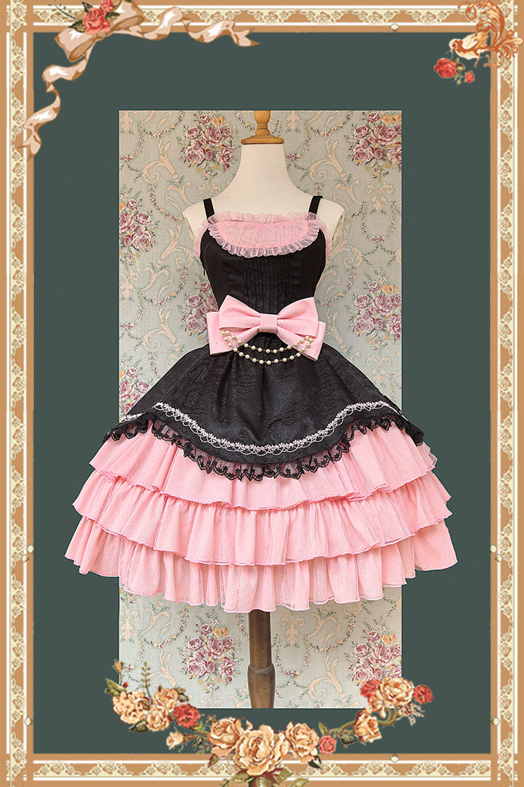 Lolita JSK Dress - Pearl Box, 3 Colors, Bow Detail, Lace Trim, Layered - S Black/Pink / M Black/Pink / L Black/Pink option