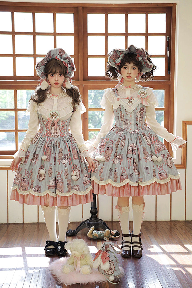 Lolita JSK Dress - Pink/green Bear Doll Wall Print, 2 Colors, Ruffled, Printed - additional product view 2