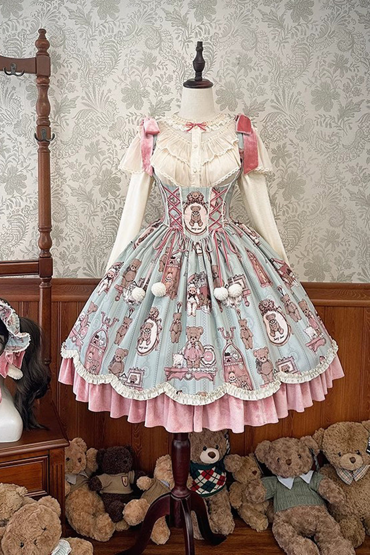 Lolita JSK Dress - Pink/green Bear Doll Wall Print, 2 Colors, Ruffled, Printed - additional product view 3