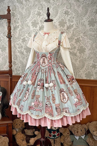 Lolita JSK Dress - Pink/green Bear Doll Wall Print, 2 Colors, Ruffled, Printed - additional product view 4