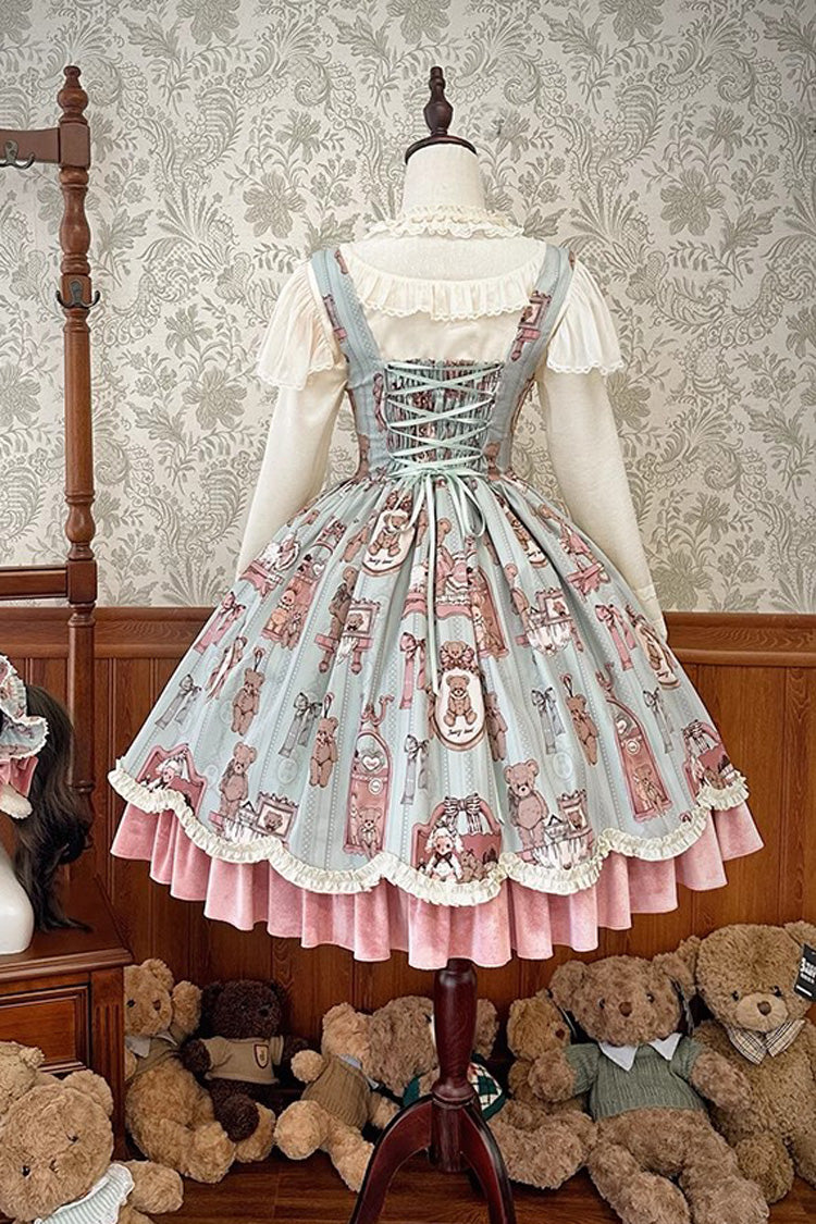 Lolita JSK Dress - Pink/green Bear Doll Wall Print, 2 Colors, Ruffled, Printed - additional product view 5