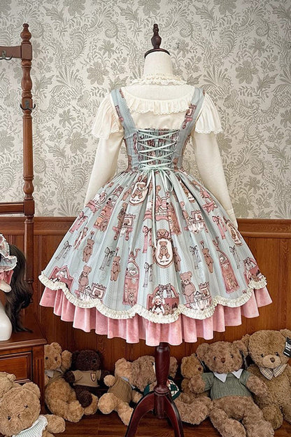 Lolita JSK Dress - Pink/green Bear Doll Wall Print, 2 Colors, Ruffled, Printed - additional product view 5