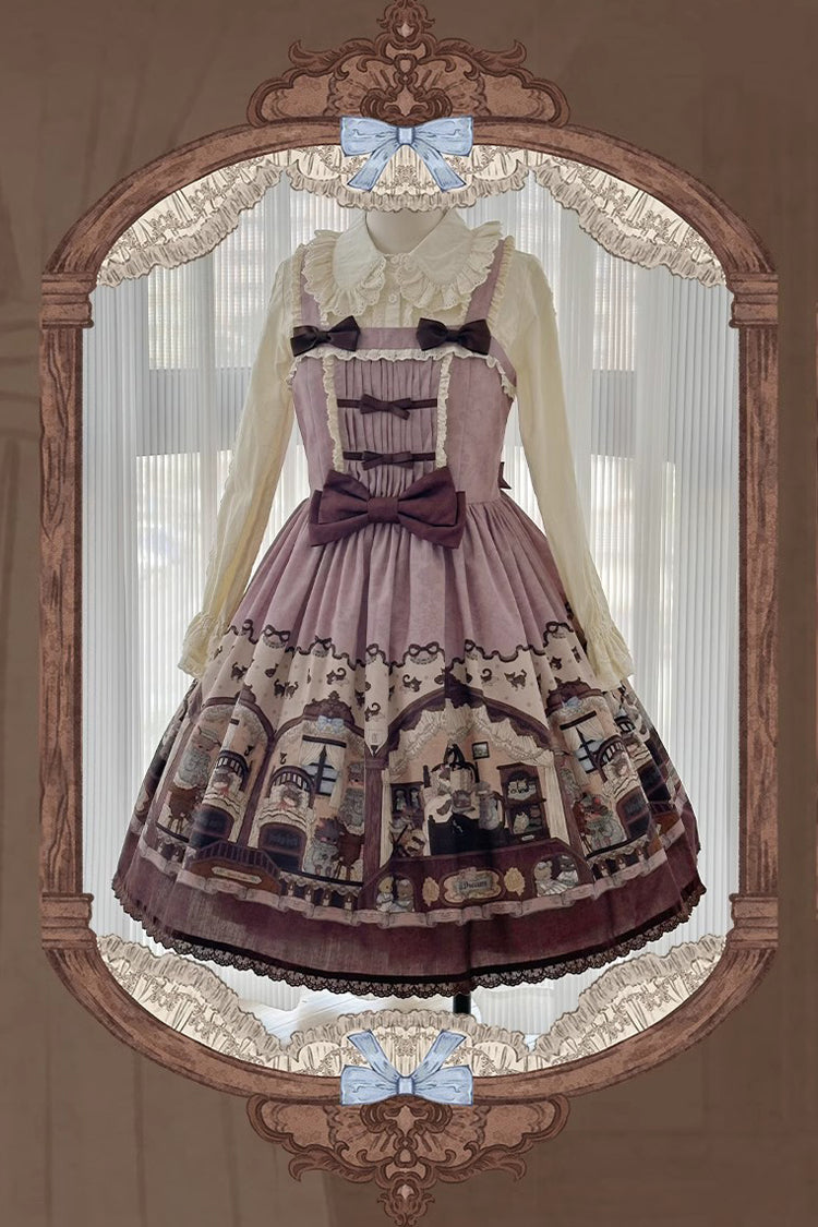Lolita JSK Dress - Pink/purple Bear Print, 2 Colors, Printed, Classic Style, Bow Detail - additional product view 3