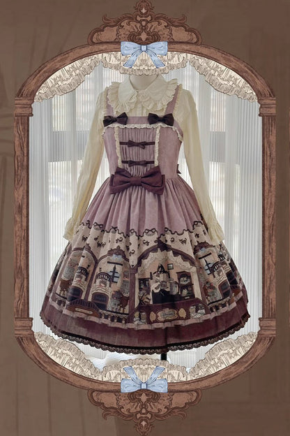 Lolita JSK Dress - Pink/purple Bear Print, 2 Colors, Printed, Classic Style, Bow Detail - additional product view 3