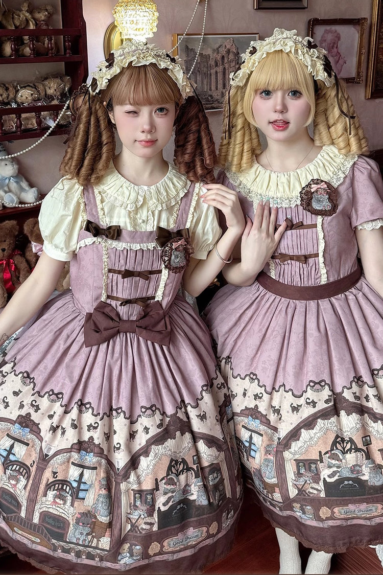 Lolita JSK Dress - Pink/purple Bear Print, 2 Colors, Printed, Classic Style, Bow Detail - additional product view 5