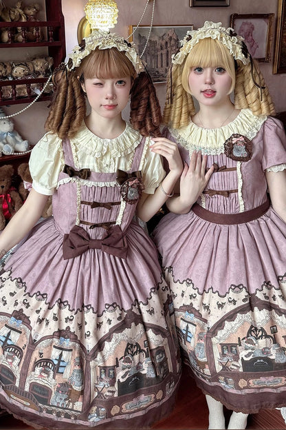 Lolita JSK Dress - Pink/purple Bear Print, 2 Colors, Printed, Classic Style, Bow Detail - additional product view 5
