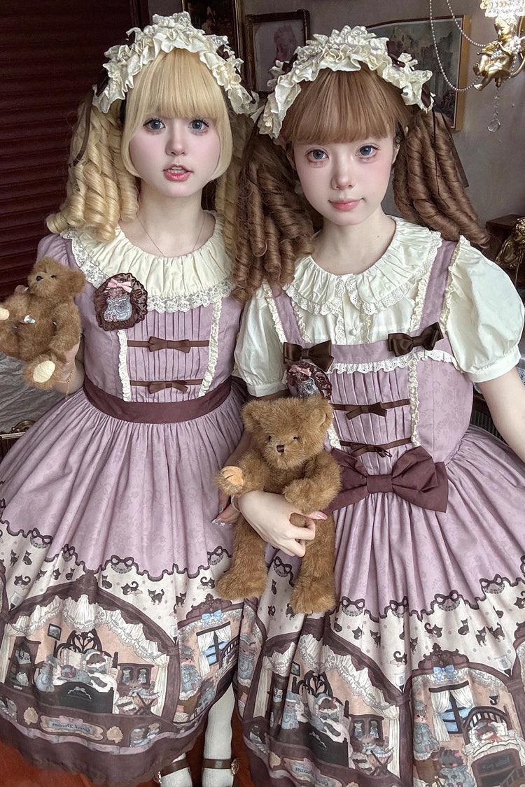 Lolita JSK Dress - Pink/purple Bear Print, 2 Colors, Printed, Classic Style, Bow Detail - additional product view 6
