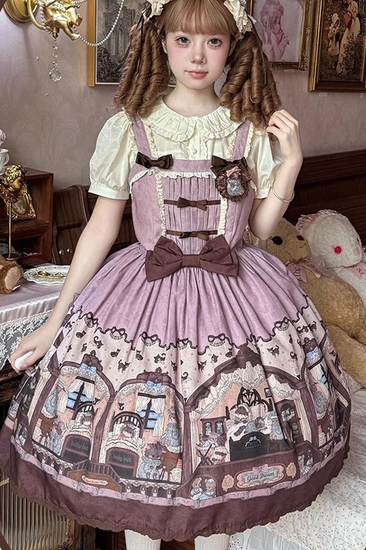 Lolita JSK Dress - Pink/purple Bear Print, 2 Colors, Printed, Classic Style, Bow Detail - main product image