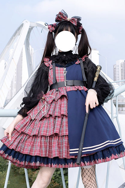 Lolita JSK Dress - Plaid Stitching Multi-layer, 2 Colors, Plaid, Sweet Style - additional product view 4