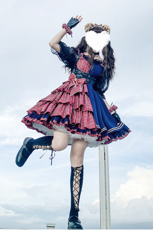Lolita JSK Dress - Plaid Stitching Multi-layer, 2 Colors, Plaid, Sweet Style - S Red/Blue / M Red/Blue / L Red/Blue option