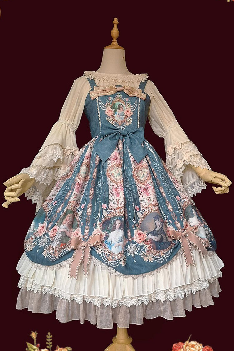 Lolita JSK Dress - Portrait Of A Little Lady, 3 Colors, Bow Detail, Lace Trim, Ruffled - S Blue/Green / M Blue/Green / L Blue/Green option