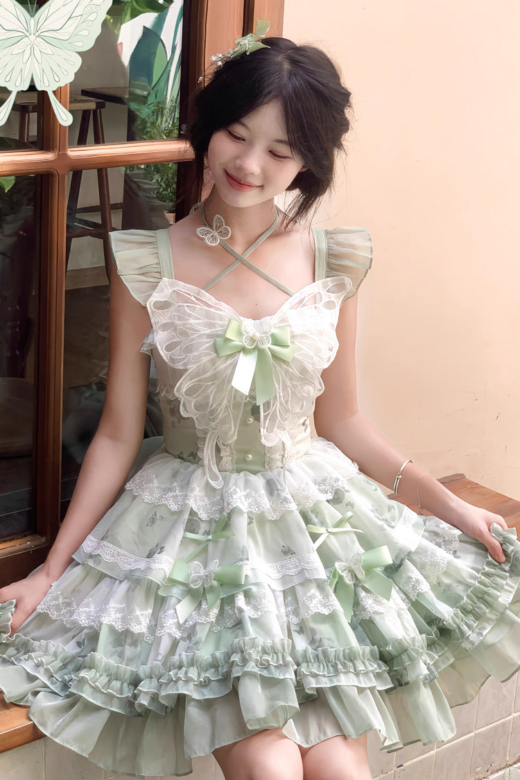 Lolita JSK Dress - Promise Of The Blooming Season, Green, Bow Detail, Lace Trim, Ruffled - additional product view 2