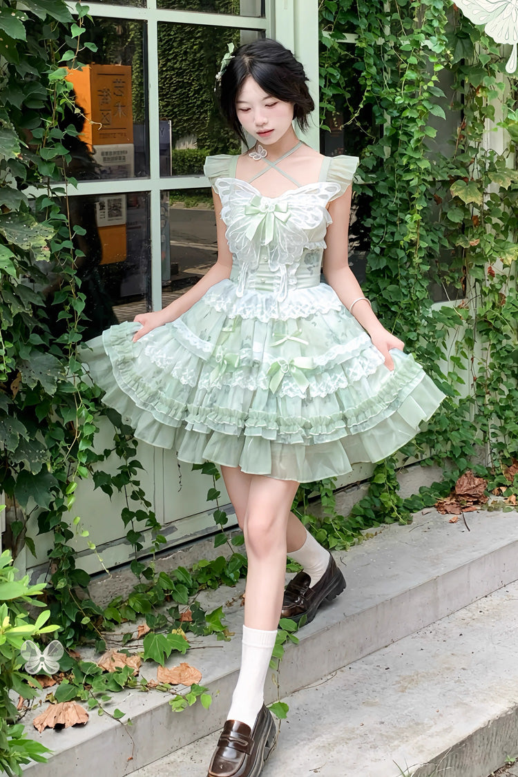 Lolita JSK Dress - Promise Of The Blooming Season, Green, Bow Detail, Lace Trim, Ruffled - additional product view 4