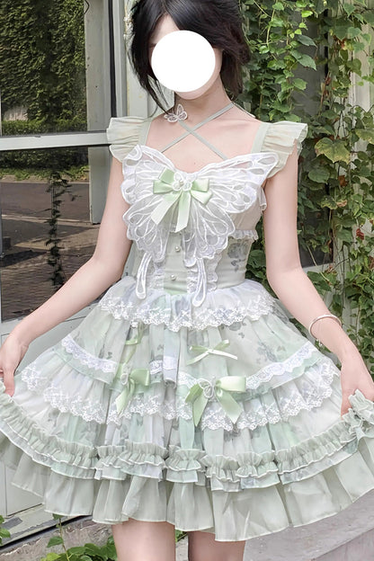 Lolita JSK Dress - Promise Of The Blooming Season, Green, Bow Detail, Lace Trim, Ruffled - additional product view 5