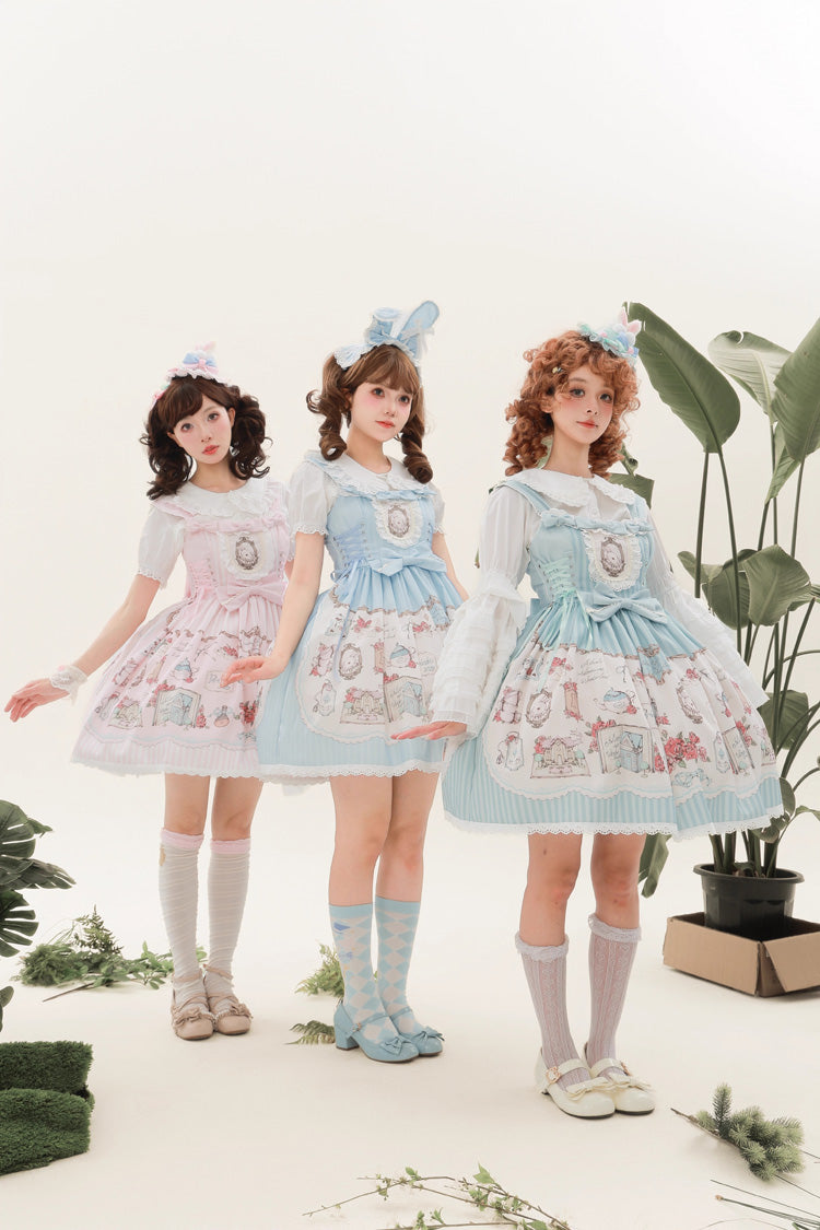 Lolita JSK Dress - Rabbit's, 3 Colors, Bow Detail, Lace Trim, Printed - S Blue / M Blue / L Blue option