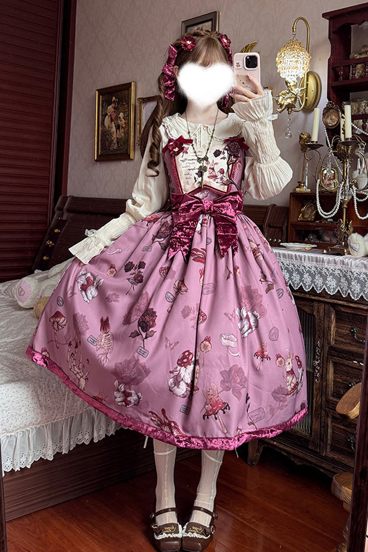 Lolita JSK Dress - Rabbit Sunflower Print Ruffle, Red, Long Version, Detachable Detail - additional product view 2