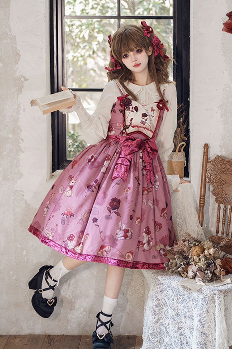 Lolita JSK Dress - Rabbit Sunflower Print Ruffle, Red, Long Version, Detachable Detail - additional product view 3