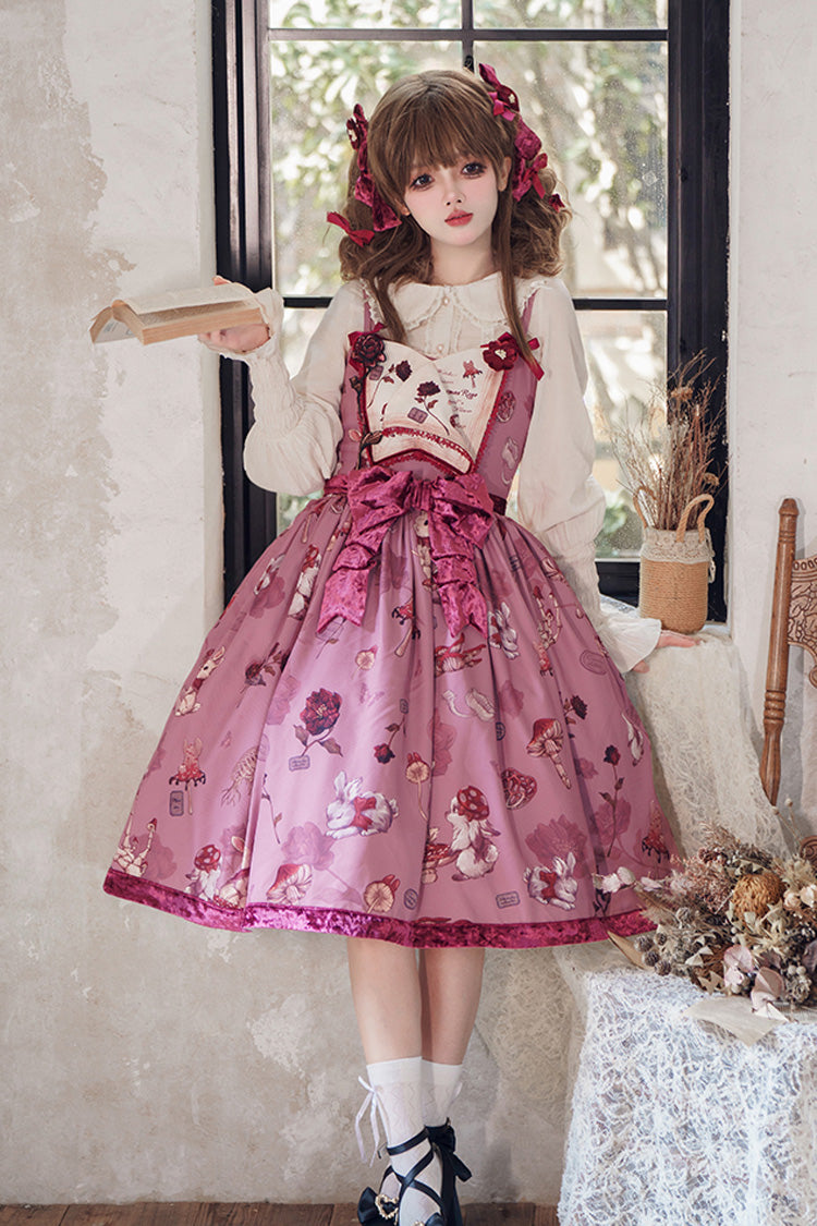 Lolita JSK Dress - Rabbit Sunflower Print Ruffle, Red, Long Version, Detachable Detail - additional product view 4