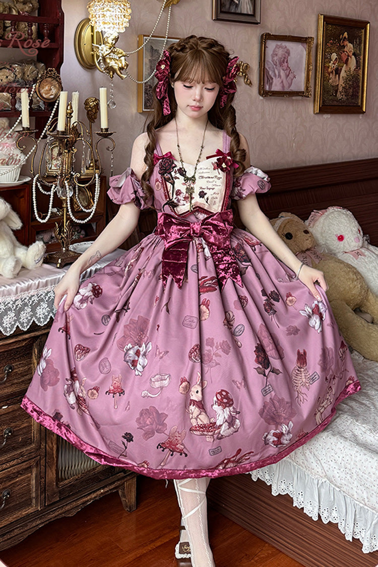 Lolita JSK Dress - Rabbit Sunflower Print Ruffle, Red, Long Version, Detachable Detail - main product image